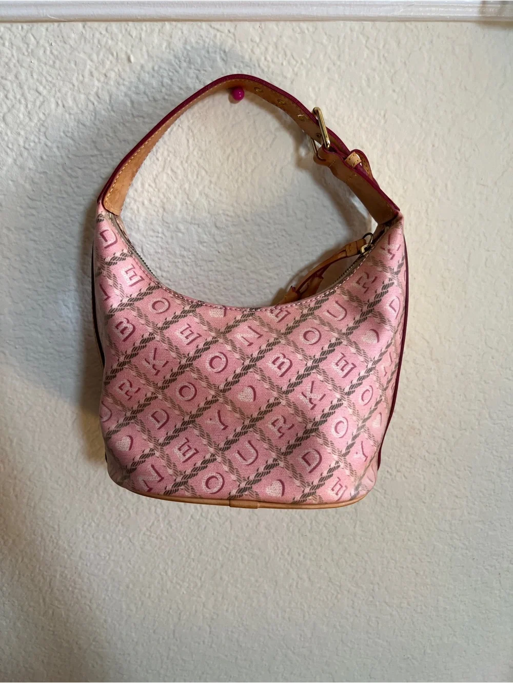 Y2K Dooney & Bourke Pink Monogram Canvas Hobo Bucket Bag vintage